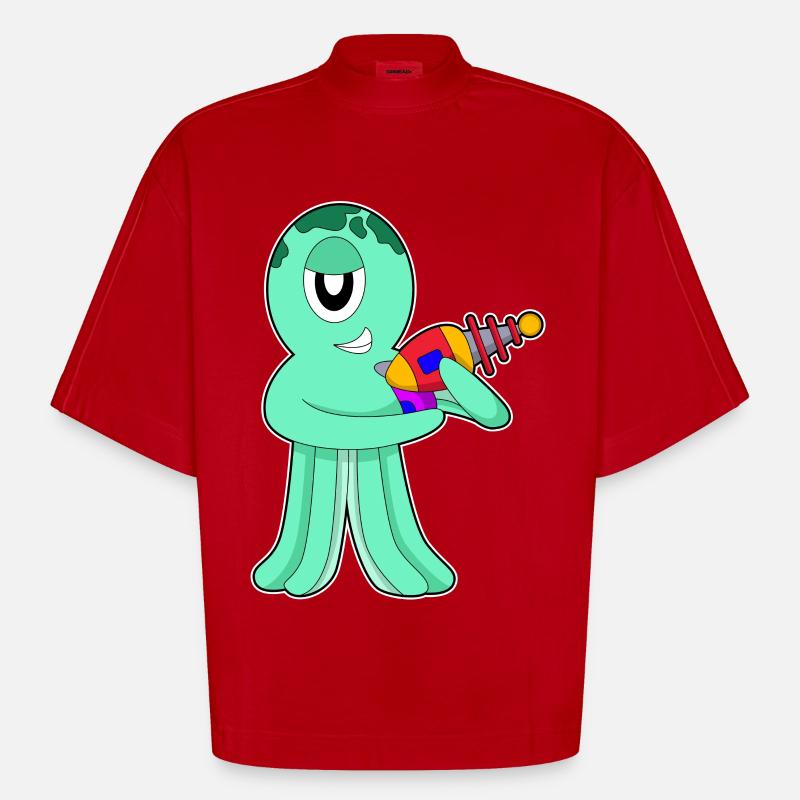 Octopus Alien - T-shirt bio épais oversize Boxy fabriqué en UE - rouge