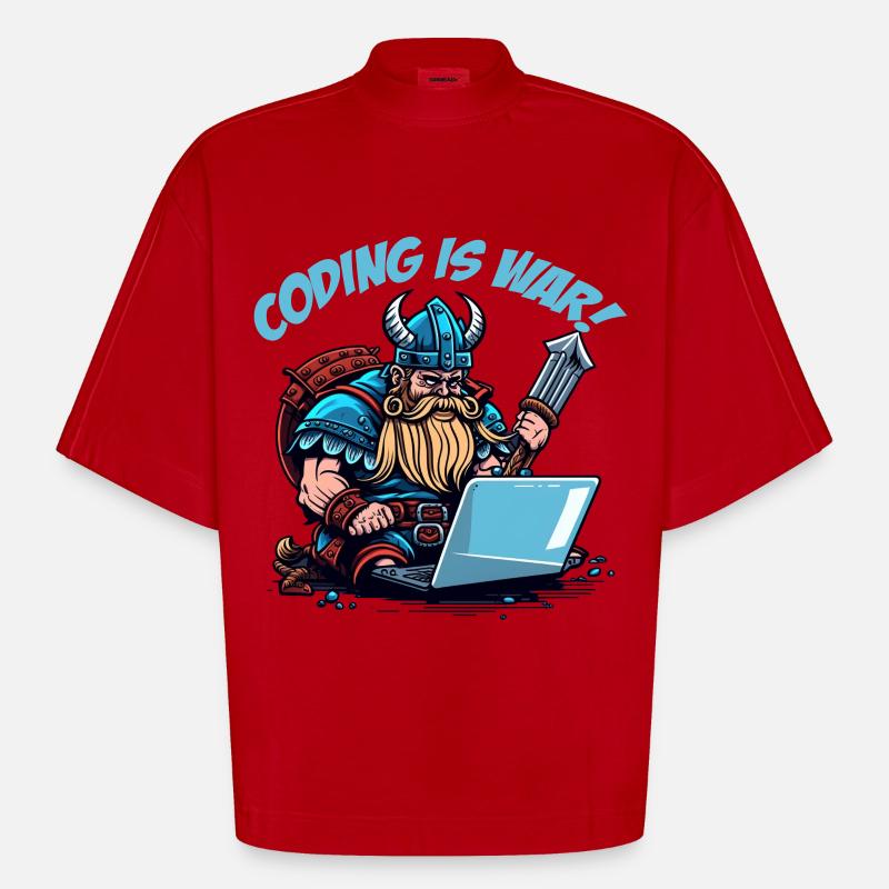 "Coding is war" Wikinger - Heavyweight Oversized Organic Boxy T-Shirt Made in EU - Rot