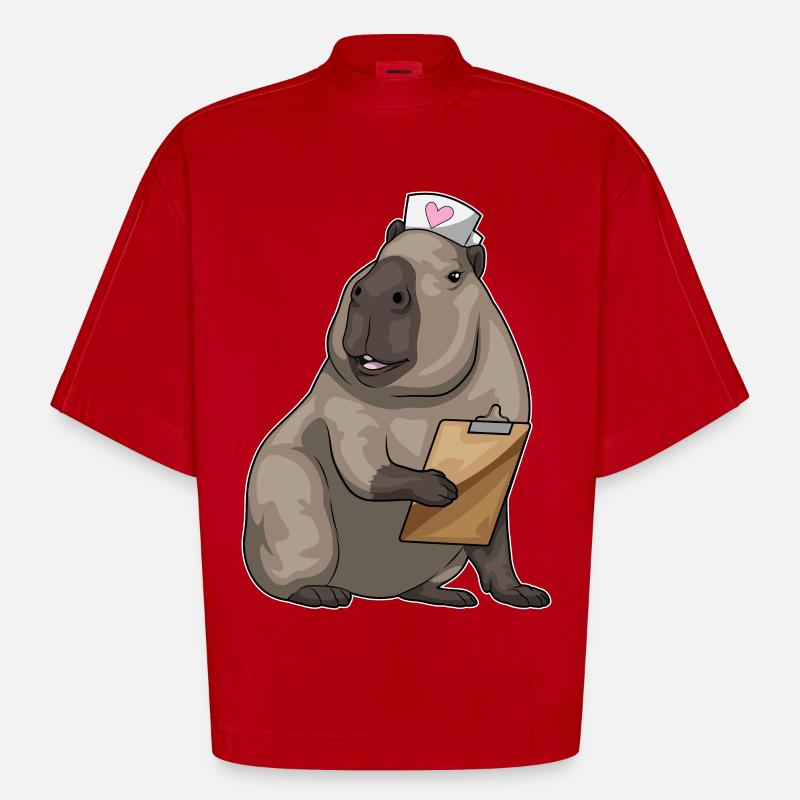 Capybara infirmière bloc-notes - T-shirt bio épais oversize Boxy fabriqué en UE - rouge