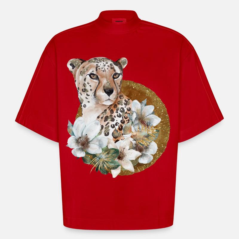 Léopard avec or et fleurs - T-shirt bio épais oversize Boxy fabriqué en UE - rouge