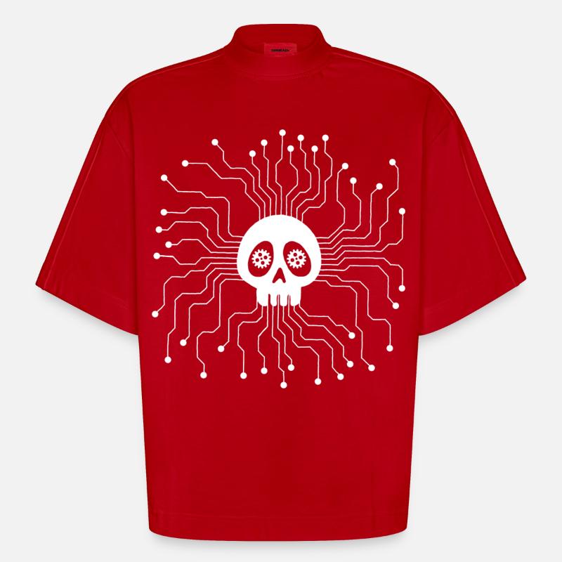 White Microprocessor Skull - Heavyweight Oversized Organic Boxy T-Shirt Made in EU - red