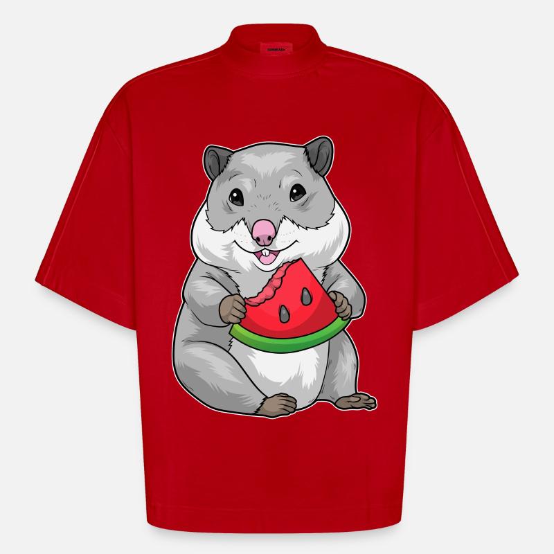 Hamster Pastèque - T-shirt bio épais oversize Boxy fabriqué en UE - rouge