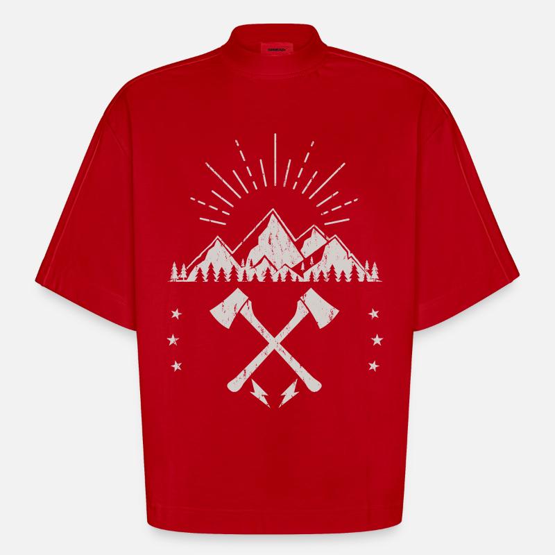 Rugged Mountain Sunrise Axe Emblem - Heavyweight Oversized Organic Boxy T-Shirt Made in EU - red
