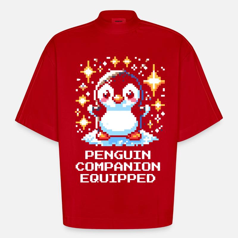 Compagnon pingouin | Compagnon de jeu mignon - T-shirt bio épais oversize Boxy fabriqué en UE - rouge
