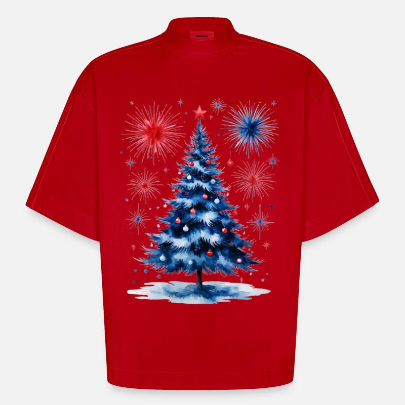 Fireworks Christmas Tree Pattern - Heavyweight Oversized Organic Boxy T-Shirt Made in EU - red