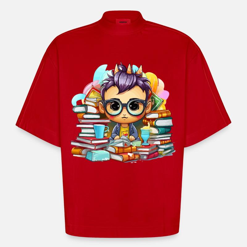 Lernheld Chibi mit Büchern - Heavyweight Oversized Organic Boxy T-Shirt Made in EU - Rot