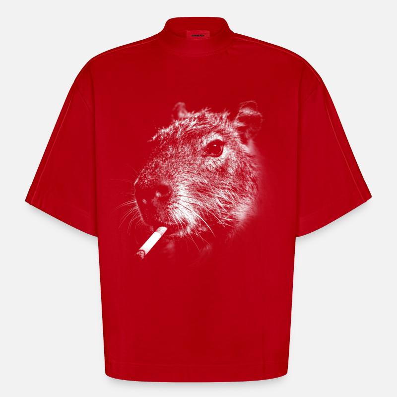 Fumer, cigarette, capybara, fumer une cigarette - T-shirt bio épais oversize Boxy fabriqué en UE - rouge