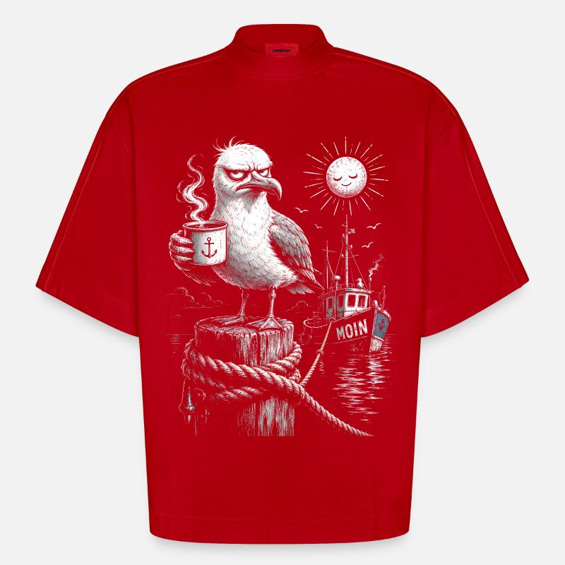 MOIN – Grummeliges Möwe mit Kaffee - Heavyweight Oversized Organic Boxy T-Shirt Made in EU - Rot
