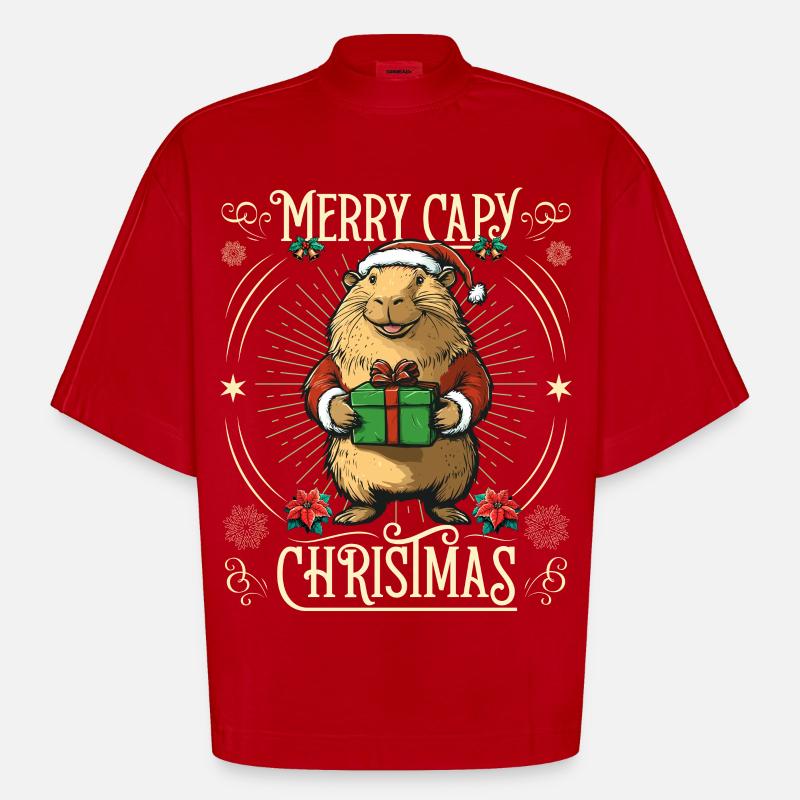 Frohe Weihnachten Capy Weihnachtspullover - Heavyweight Oversized Organic Boxy T-Shirt Made in EU - Rot