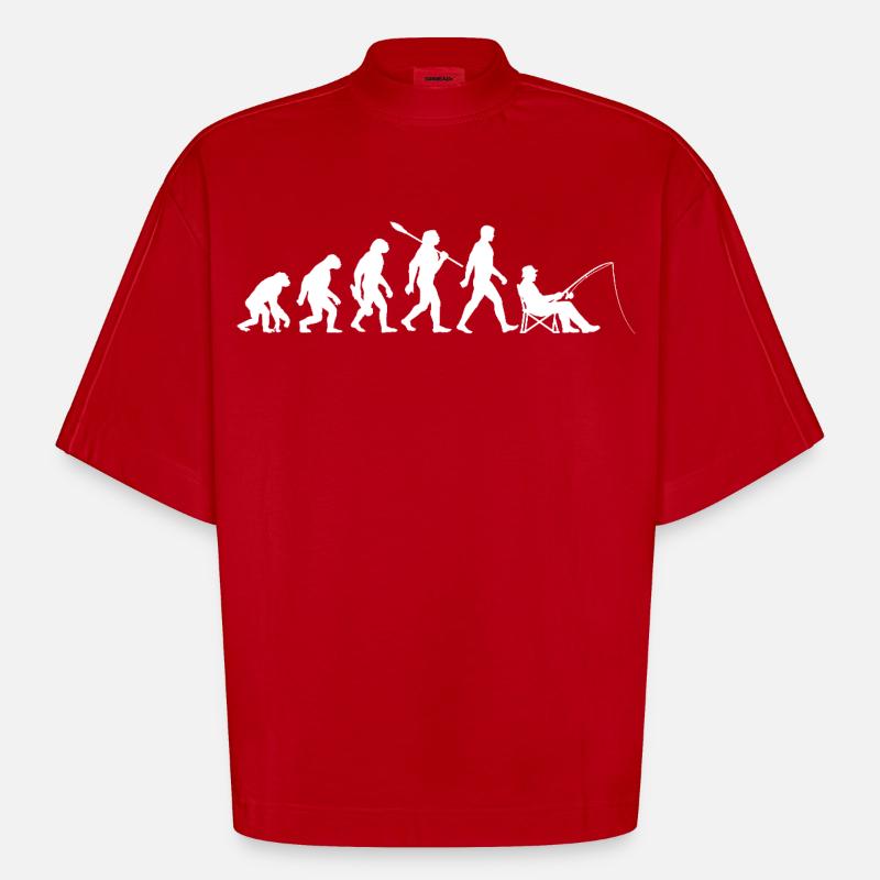 Evolution - Pêcheur, Cadeau de pêche - T-shirt bio épais oversize Boxy fabriqué en UE - rouge