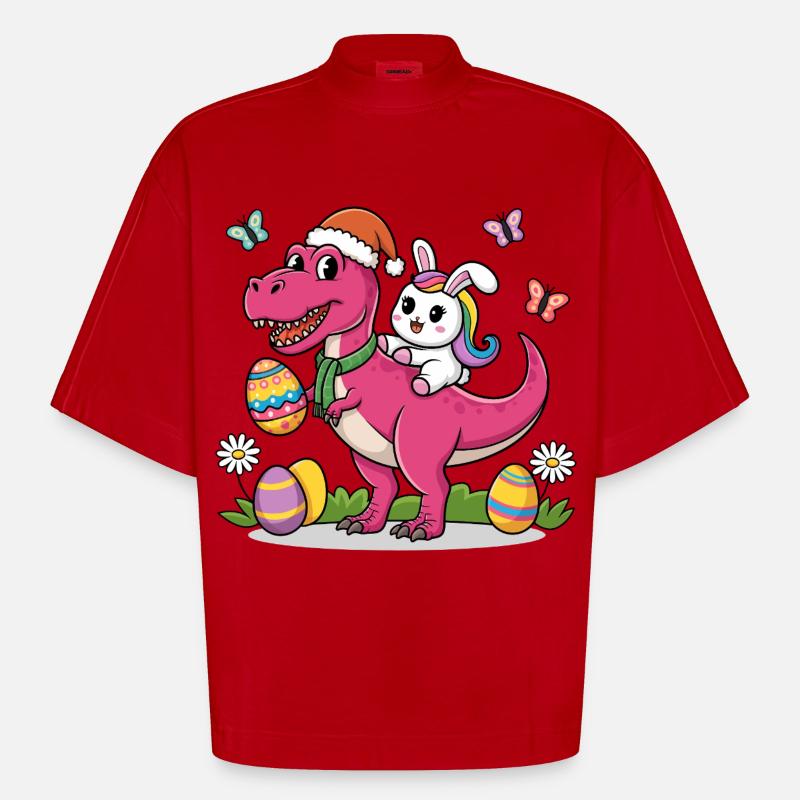 Easter Dinosaur Bunny Ears Easter - Heavyweight Oversized Organic Boxy T-Shirt Made in EU - red