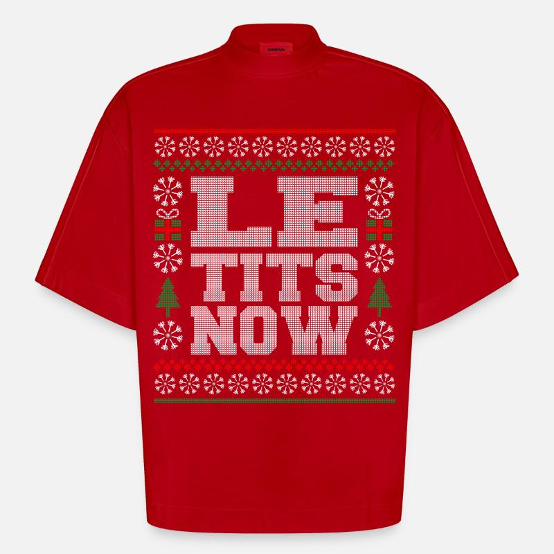 Le Tits Now Funny Ugly Christmas Pattern - Heavyweight Oversized Organic Boxy T-Shirt Made in EU - red