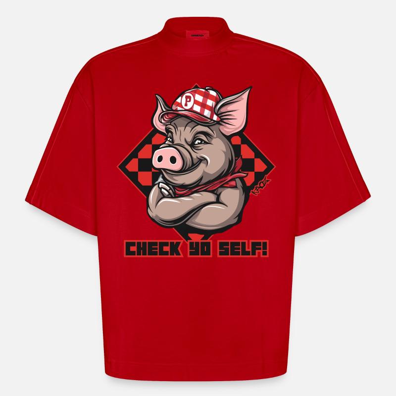 Check Yourself, Trucker Hat Pig - Heavyweight Oversized Organic Boxy T-Shirt Made in EU - red