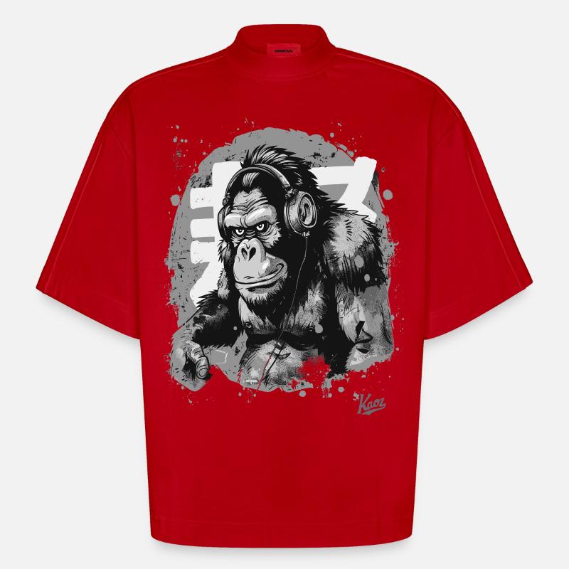 Funky Musik Kopfhörer Schimpansen-Affe - Heavyweight Oversized Organic Boxy T-Shirt Made in EU - Rot