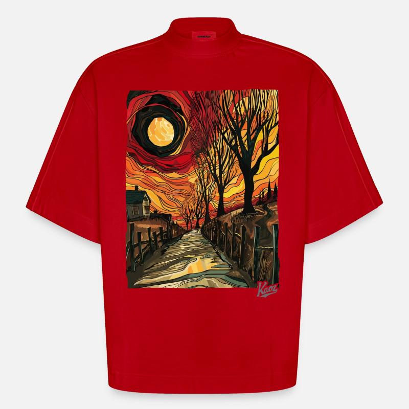 Gemälde eines Feldwegs mit Sonne - Heavyweight Oversized Organic Boxy T-Shirt Made in EU - Rot