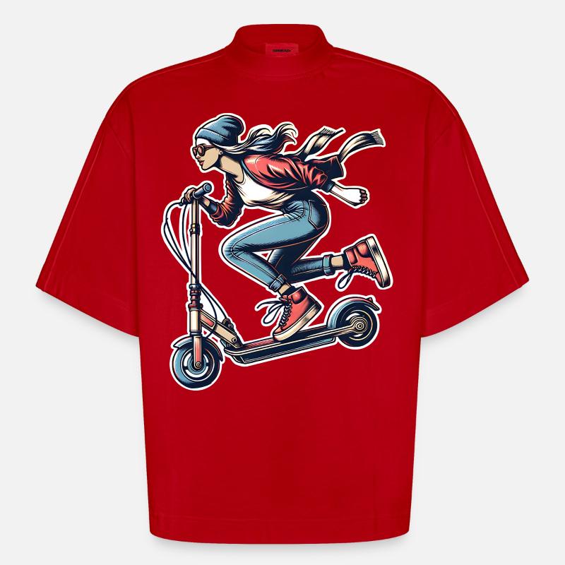 E-Scooter E-Roller Frau Scooter - Heavyweight Oversized Organic Boxy T-Shirt Made in EU - Rot