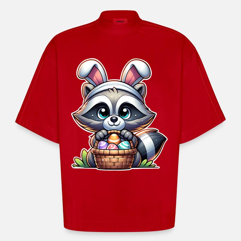 Raccoon Easter Easter Basket - Heavyweight Oversized Organic Boxy T-Shirt Made in EU - red