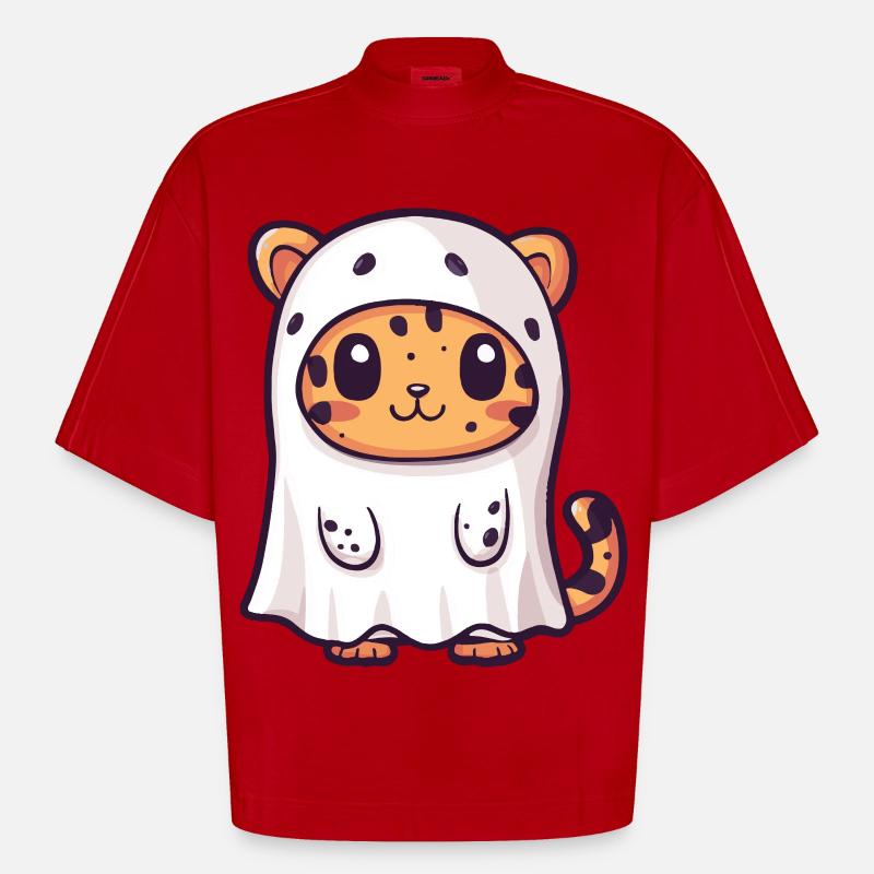 Leopard Halloween Comic Ghost - Heavyweight Oversized Organic Boxy T-Shirt Made in EU - red