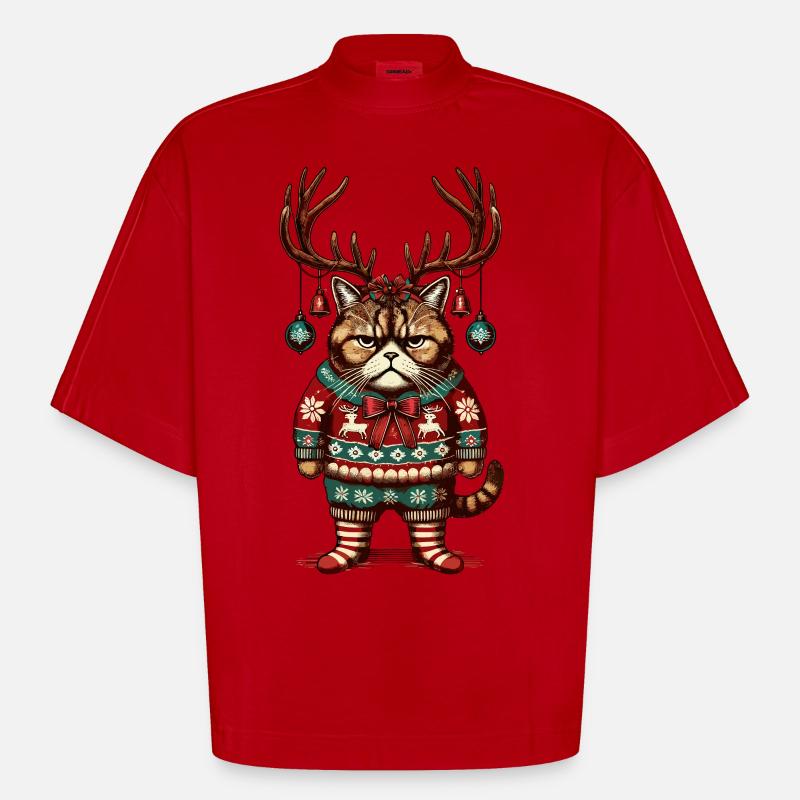 Mürrische Weihnachtskatze Mit Geweih - Heavyweight Oversized Organic Boxy T-Shirt Made in EU - Rot
