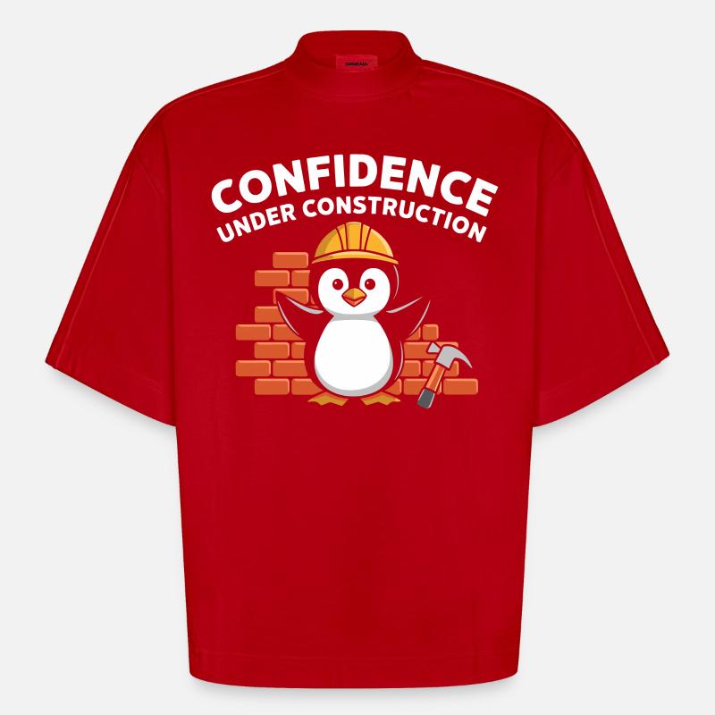 Confidence Under Construction Pinguin Baustelle - Heavyweight Oversized Organic Boxy T-Shirt Made in EU - Rot