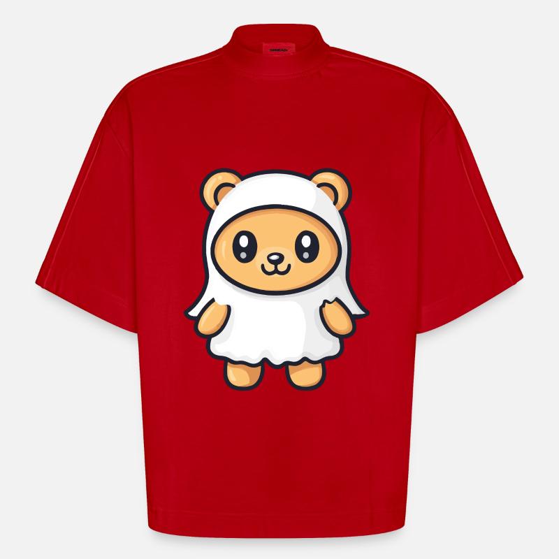 Bear Halloween Comic Ghost - Heavyweight Oversized Organic Boxy T-Shirt Made in EU - red