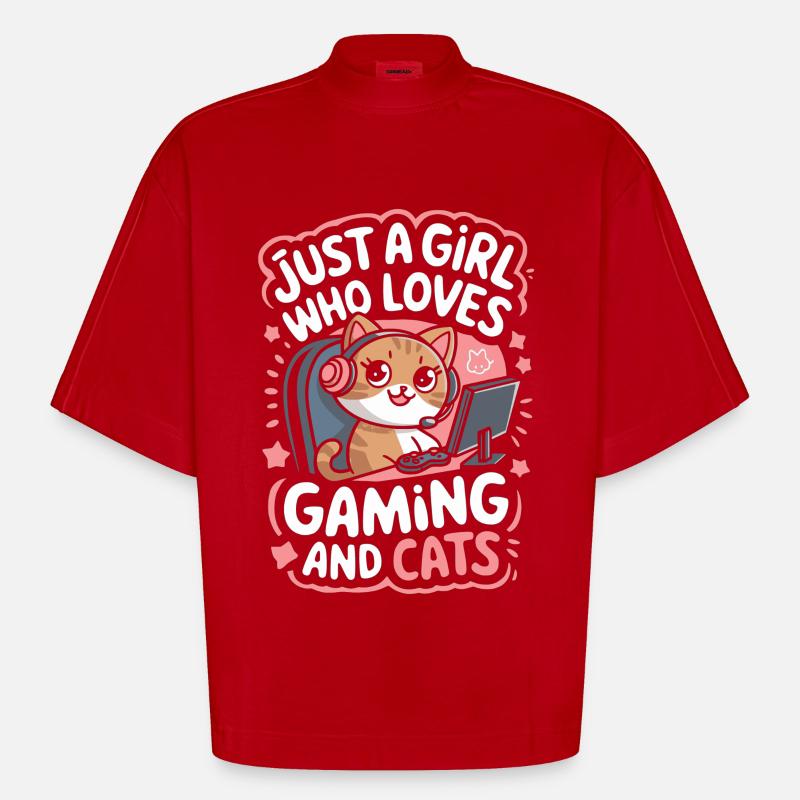 Gaming Computer Konsole Mädchen Katze - Heavyweight Oversized Organic Boxy T-Shirt Made in EU - Rot