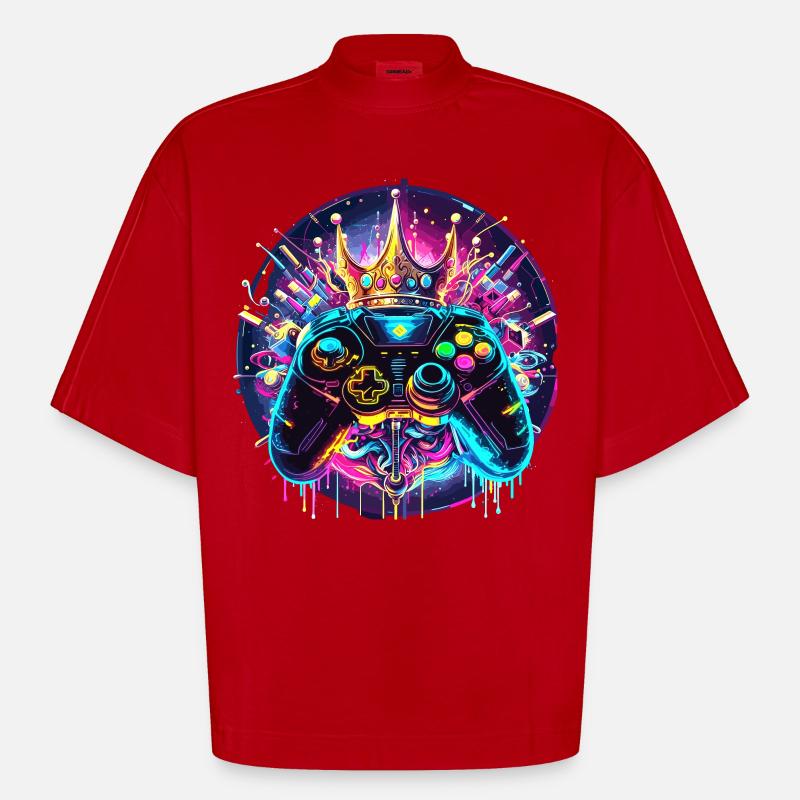 Synthwave Gamer Controller mit Krone - Heavyweight Oversized Organic Boxy T-Shirt Made in EU - Rot