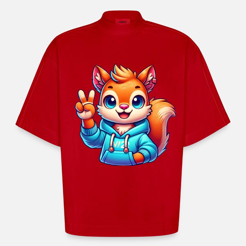Friedliches Cartoon-Eichhörnchen im Kapuzenpullover - Heavyweight Oversized Organic Boxy T-Shirt Made in EU - Rot