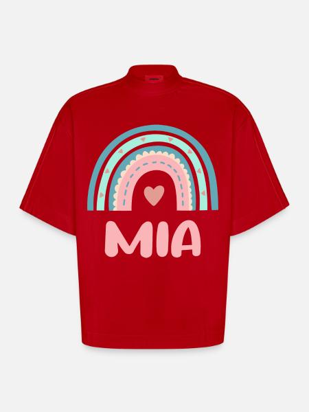Mia Name Rainbow Baby - Heavyweight Oversized Organic Boxy T-Shirt Made in EU - red