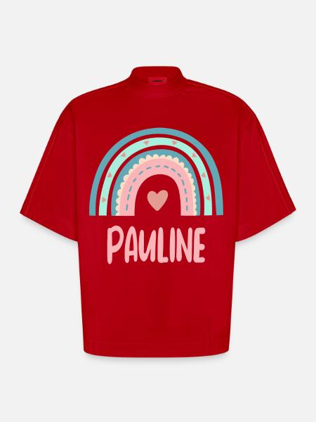 Pauline Name Rainbow Baby - Heavyweight Oversized Organic Boxy T-Shirt Made in EU - red