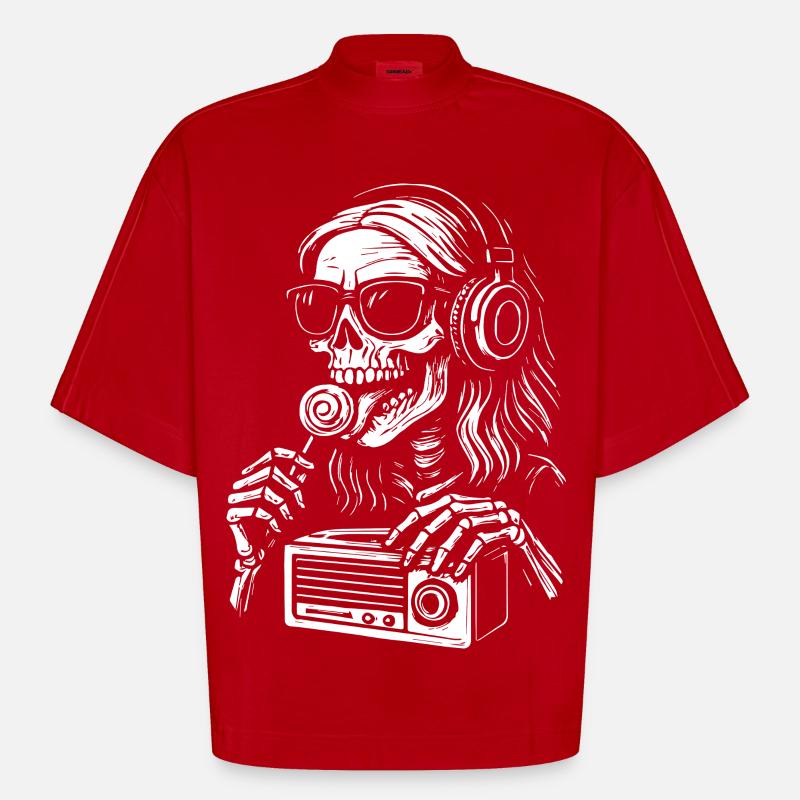 Skelett DJ mit Kopfhörern - Heavyweight Oversized Organic Boxy T-Shirt Made in EU - Rot