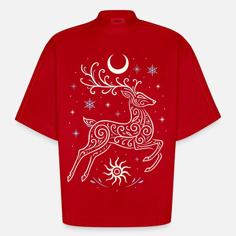 Springender Yule Hirsch mit Sonne & Mond - Heavyweight Oversized Organic Boxy T-Shirt Made in EU - Rot