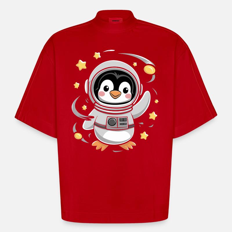 Aventure d’astronaute pingouin dans l’espace - T-shirt bio épais oversize Boxy fabriqué en UE - rouge