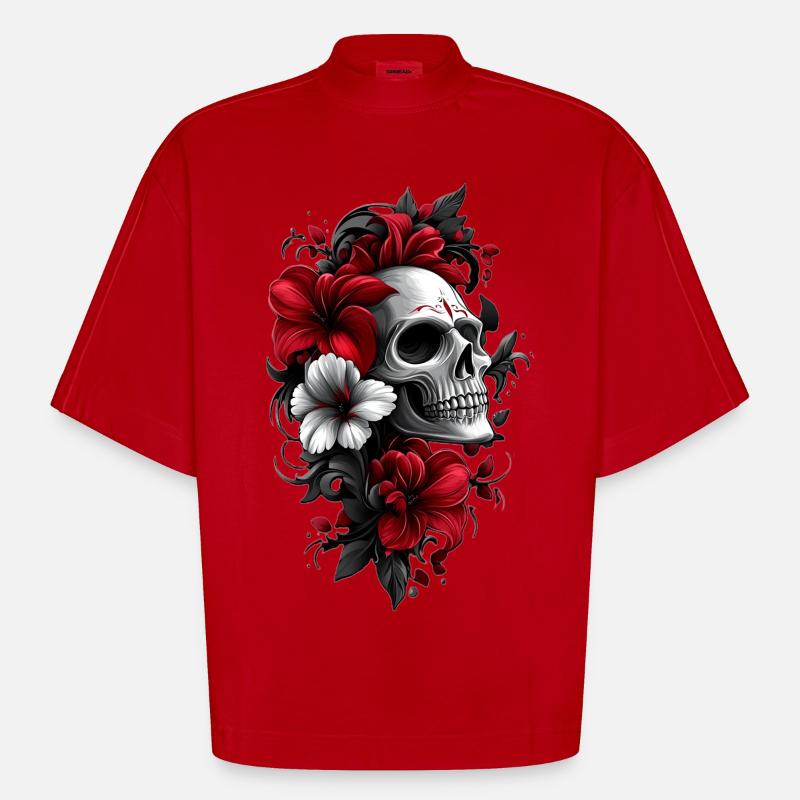 Crâne avec des fleurs - T-shirt bio épais oversize Boxy fabriqué en UE - rouge