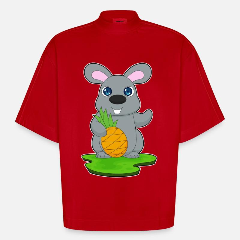 Bunny Pineapple Fruit - Heavyweight Oversized Organic Boxy T-Shirt Made in EU - red