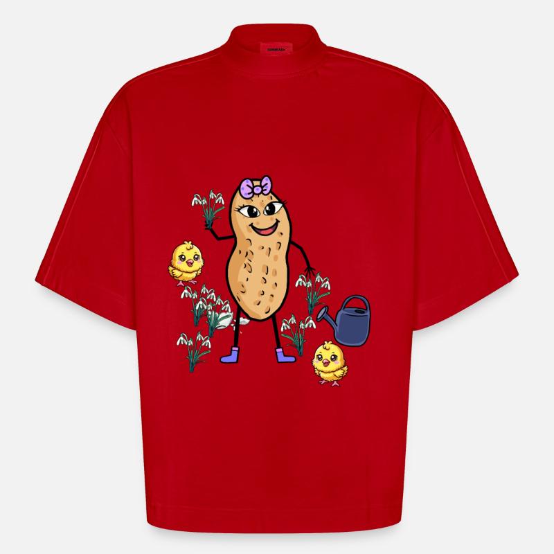 Peanut Spring Easter Chick Snowdrop - Heavyweight Oversized Organic Boxy T-Shirt Made in EU - red