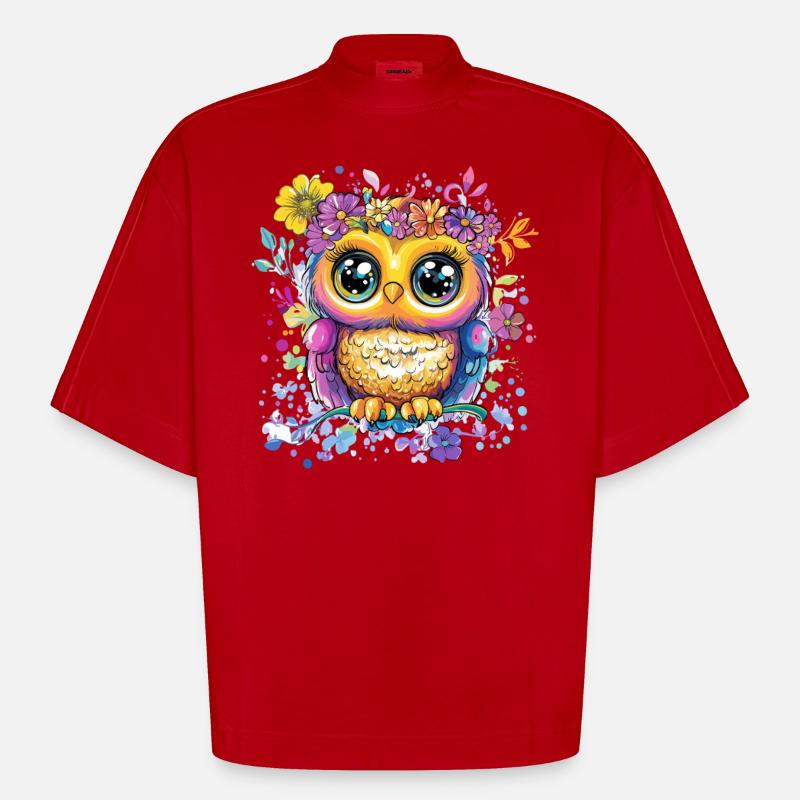 Bunte Eule mit Blüten - Heavyweight Oversized Organic Boxy T-Shirt Made in EU - Rot