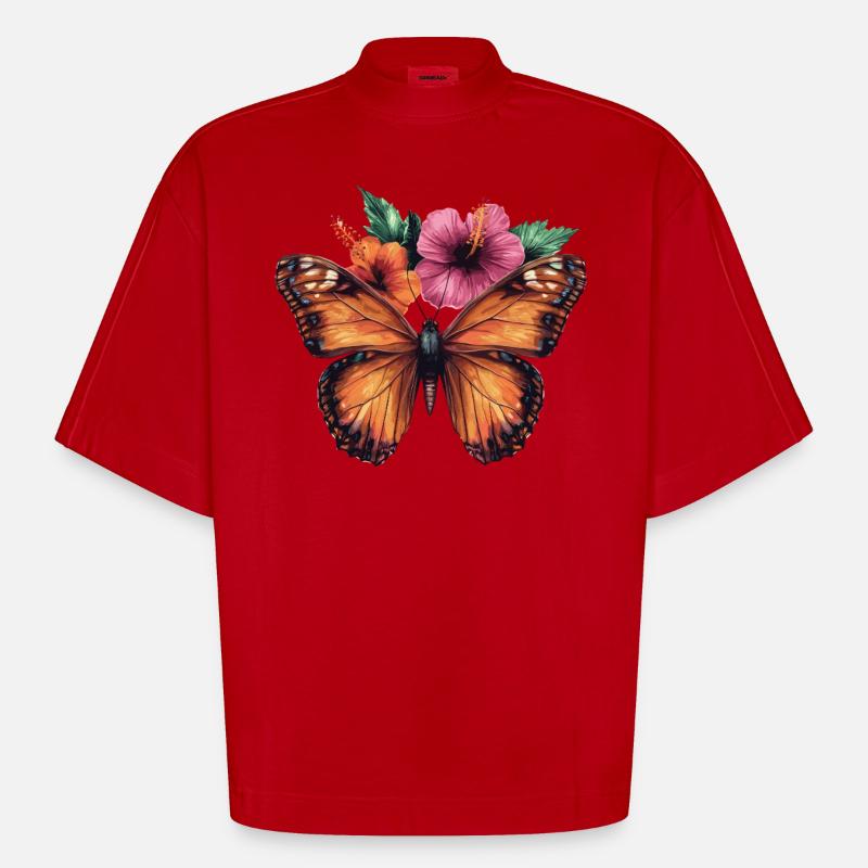 Papillon avec des fleurs - T-shirt bio épais oversize Boxy fabriqué en UE - rouge