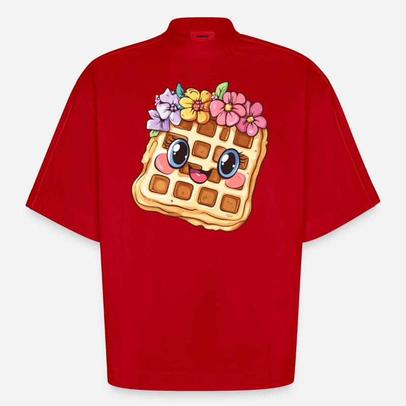 Waffle with flowers - Heavyweight Oversized Organic Boxy T-Shirt Made in EU - red