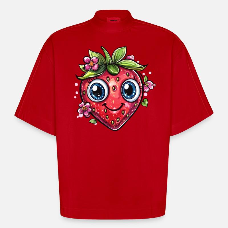 Strawberry with flower smile - Heavyweight Oversized Organic Boxy T-Shirt Made in EU - red