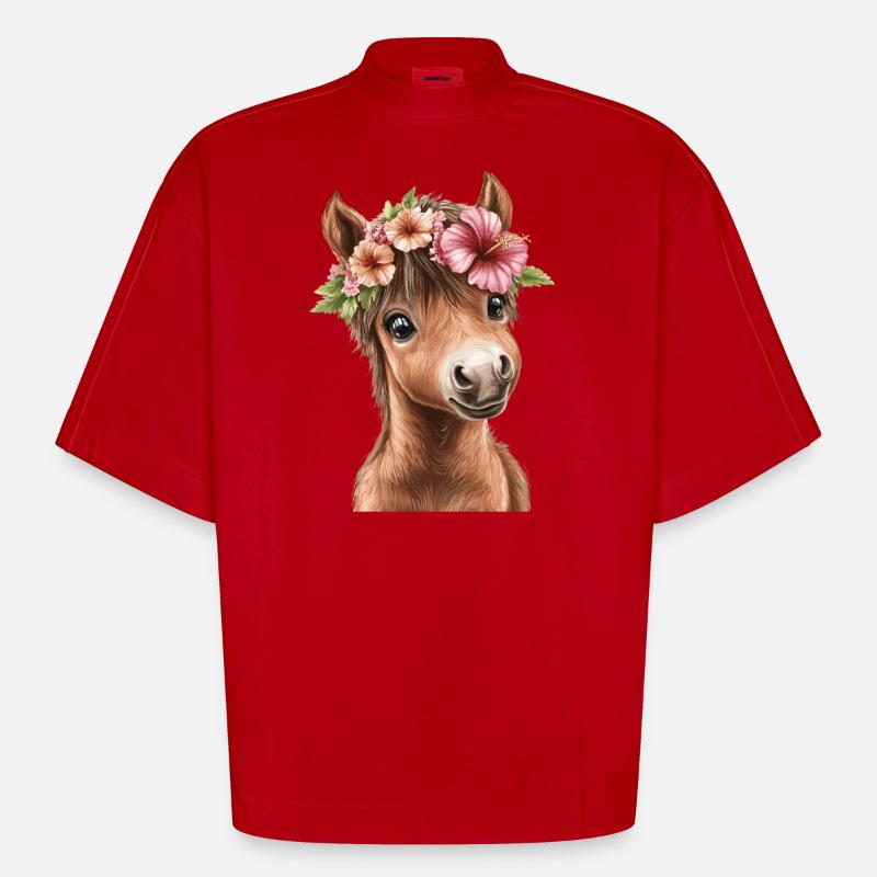 Flower pony with wreath - Heavyweight Oversized Organic Boxy T-Shirt Made in EU - red