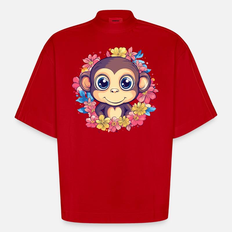 Fröhlicher Affe mit Blumen - Heavyweight Oversized Organic Boxy T-Shirt Made in EU - Rot