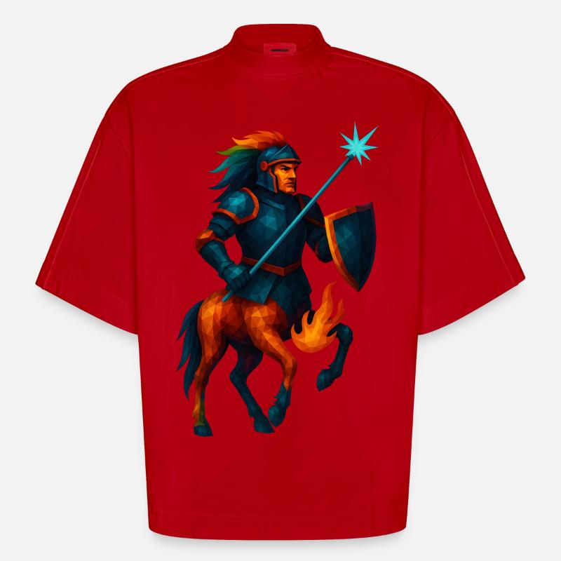 Animal de style WPAP - Centaure en armure avec lance laser - T-shirt bio épais oversize Boxy fabriqué en UE - rouge
