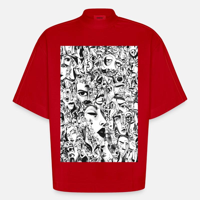 Masken-Mosaik: Gesichtskarussell - Heavyweight Oversized Organic Boxy T-Shirt Made in EU - Rot