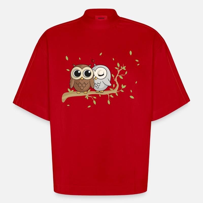 Verliebte Comic Eulen - Heavyweight Oversized Organic Boxy T-Shirt Made in EU - Rot