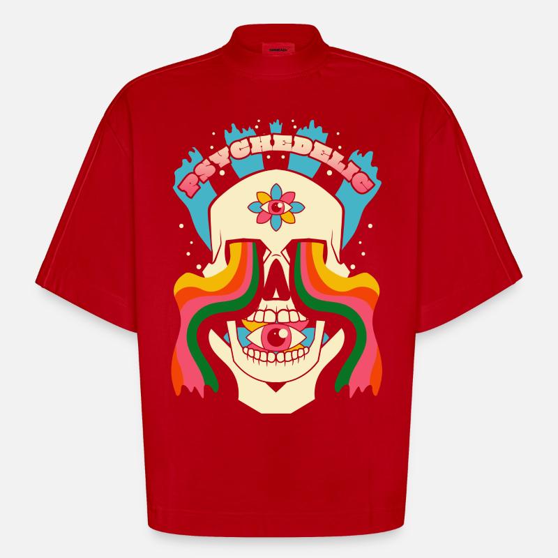 Psychedelic Skull Psychedelic Graphic - Heavyweight Oversized Organic Boxy T-Shirt Made in EU - red