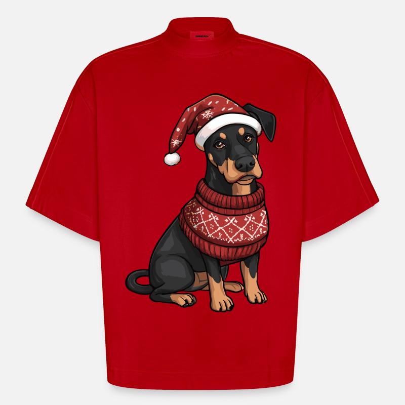 Dobermann Hund Weihnachten Comic - Heavyweight Oversized Organic Boxy T-Shirt Made in EU - Rot