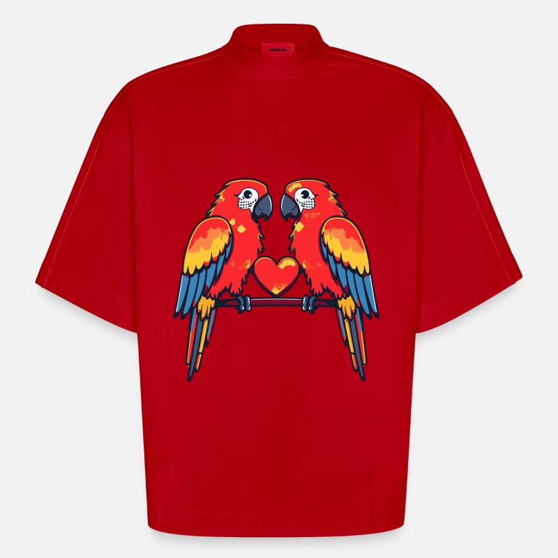 Couple de perroquets Saint-Valentin - T-shirt bio épais oversize Boxy fabriqué en UE - rouge