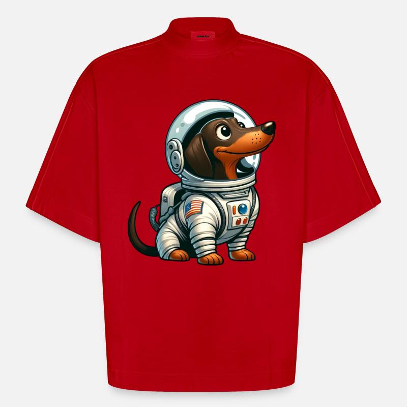 Teckel astronaute dans l’aventure spatiale - T-shirt bio épais oversize Boxy fabriqué en UE - rouge