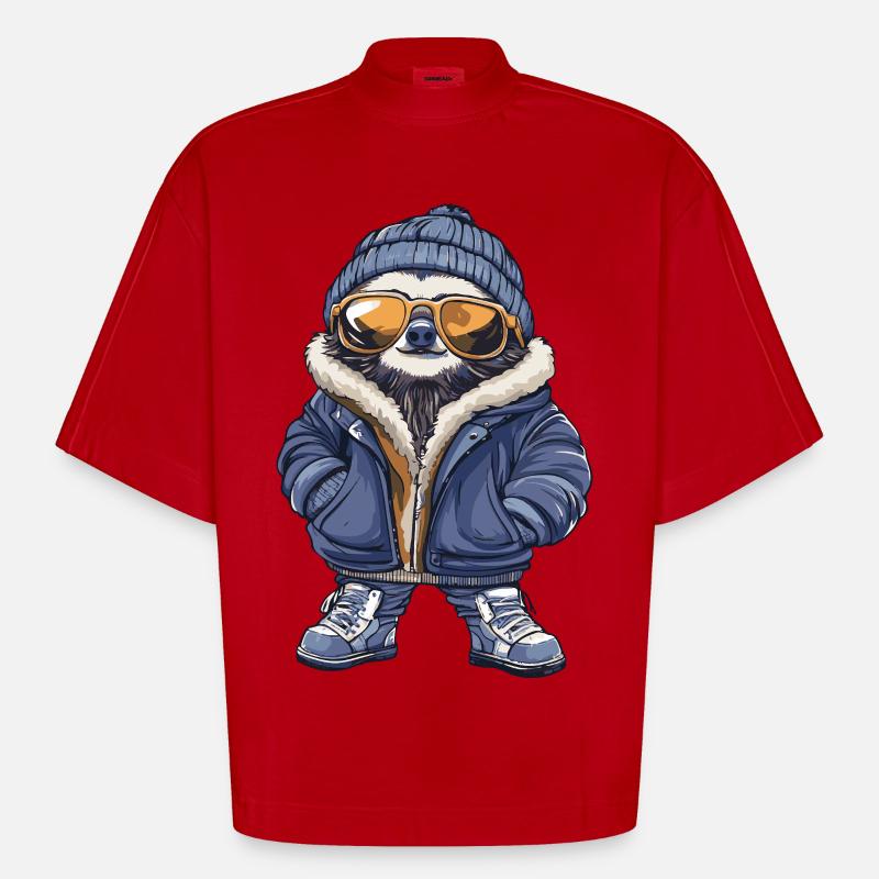 Sloth Cool Comic - Heavyweight Oversized Organic Boxy T-Shirt Made in EU - red